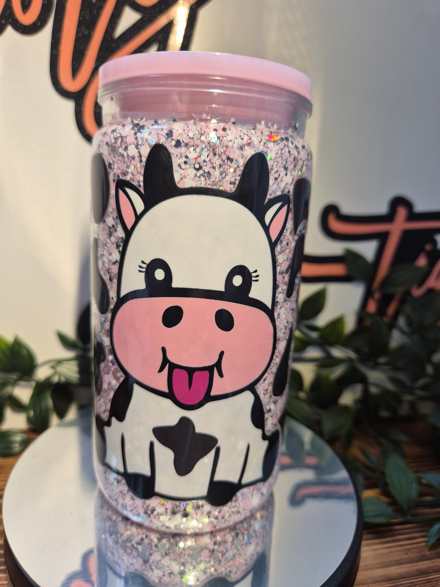 Cute Cow No Globe Libby Cup. With Matching Straw & Straw Topper