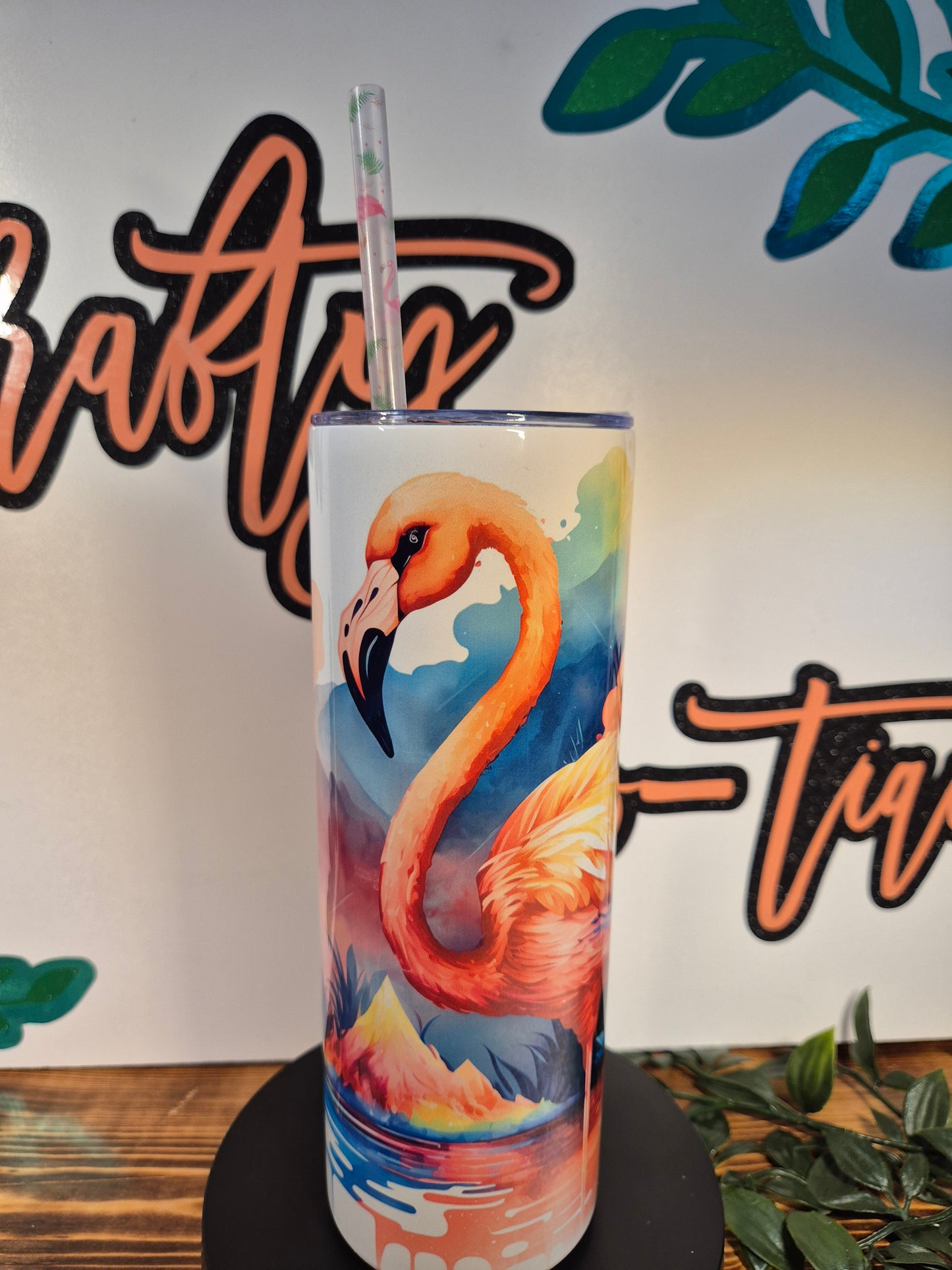 Water Colour Flamingo Tumbler With Matching Straw.